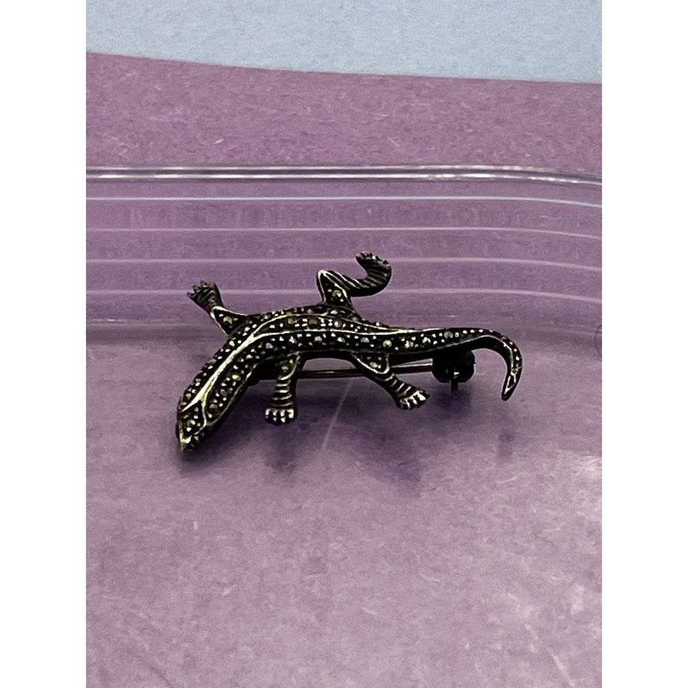 Vintage Sterling Silver‎ .925 Natural Marcasite Lizard Pin Brooch